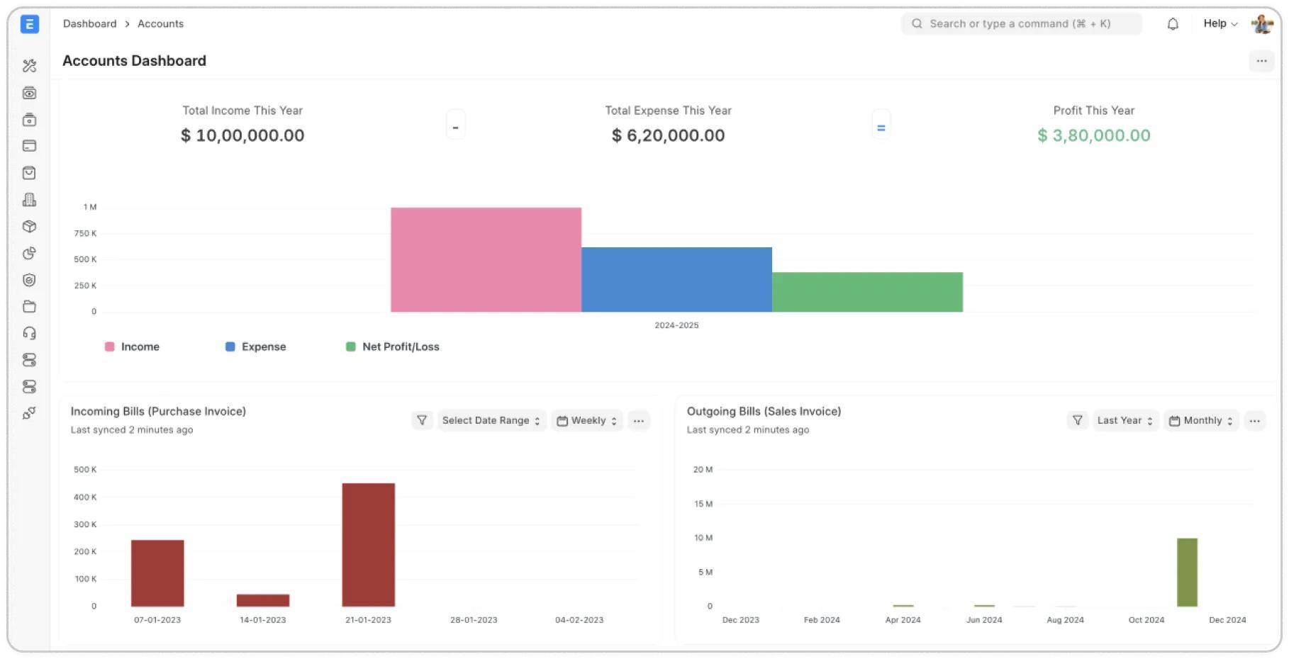 Dashboard financiero del ERP con ingresos, gastos y utilidad neta en tiempo real